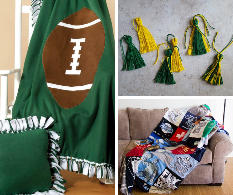 A photo collage including a no sew, tied fleece blanket, embroidery floss tassels, and a t-shirt quilt.
