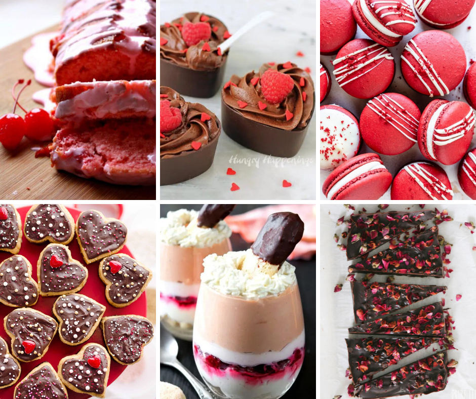 A collage of sweet treat including cherry bread, chocolate mousse hearts, red macarons, chocolate frosted cookies with springs, trifles in small glasses, and rose petal covered chocolate bark.