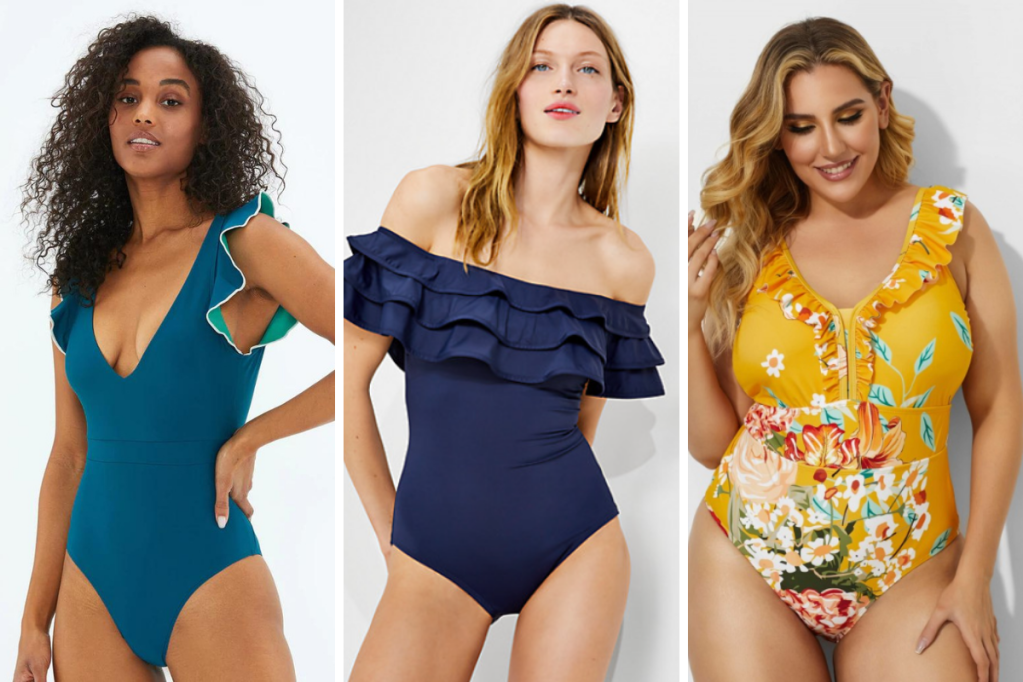 Left to Right: A black woman with long curly hair wears a teal swimsuit with ruffles at the shoulders; A white woman with brown hair and blue eyes wears a navy off the shoulder swimsuit with ruffles at the top edge; a plus size white woman with blond hair wears a yellow floral swimsuit with ruffles at the neck and chest.