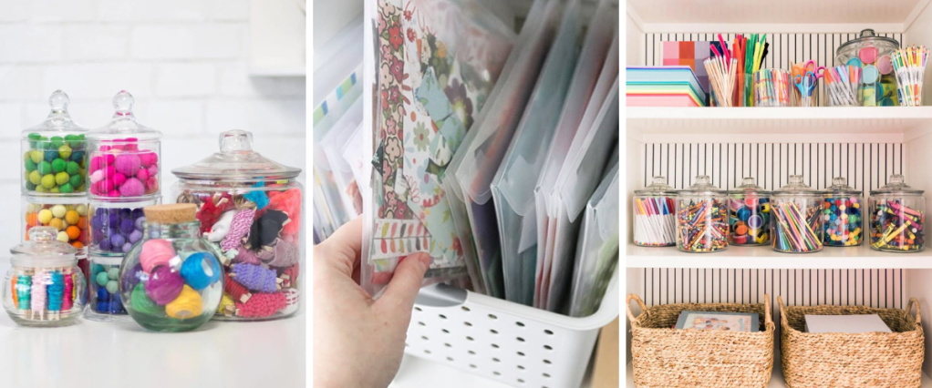 A collage of storage solutions: on the left, glass jars hold pomoms, scraps of rickrack and more; in the middle plastic envelopes in a bin hold paper scraps; on the right glass jars and baskets hold crayons, paper, markers, paints and more.
